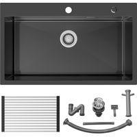 Lavello da Cucina 1 Vasca 75 x 45 cm Lavello Incasso Vasca Singola in Acciaio Inox con Scolapiatti avvolgibile e Sifone, grigio scuro