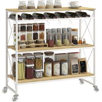 Carrello Portavivande a 4 Livelli con Portabottiglie e 5 Ganci Rimovibili, in Legno e Metallo, 96.5x38x96.7 cm