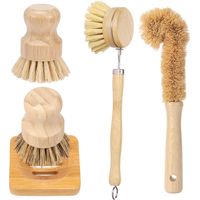 Ensemble de 5 brosses à vaisselle en bois, comprenant une brosse à vaisselle avec manche, un goupillon, un manche long et 2 brosses à vaisselle en bois avec support carré pour la vaisselle et les cass