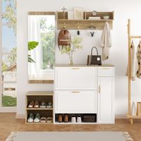 Garderoben-Set aus Spanplatte in Weiß und Natur, 4-teilig, 35 cm tief, mit Schuhschrank, Sitzbank, Wandgarderobe und Spiegel
