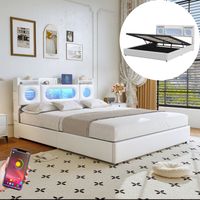 Stauraumbett 160x200 cm, Bett mit Stauraum und LED, Kopfteil mit Schutzflügeln und USB-A/C Ladefunktion, Lattenrost, Gepolstertes Kunstlederbett für Erwachsene – Weiß