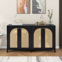 Buffet 145x40x80 cm, avec 4 portes en rotin tressé, poignées en métal doré, style maison de campagne, pour salle à manger et salon - Noir