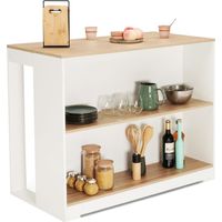 Idmarket – Table de bar îlot JUNO bois blanc – Plateau façon hêtre – Dimensions 113x60x90 cm – 2 étagères de rangement – Design compact pour petits espaces