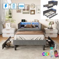 Lit double 90x200 cm avec 2 tiroirs, tête de lit LED et rangements, chargement USB + Type-C, base à lattes, tissu velours - Gris