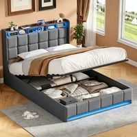 JOOKGBD–Letto a Contenitore 160x200 cm,Letto Matrimoniale Imbottito,Contenitore Idraulico,LED,USB-C,Rete a Doghe,Letto Giovanile,Lino,Grigio