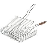 Grille de barbecue double ajustable 31 x 23 cm – Acier chromé – Poignée en bois d'Acacia – Pour cuisson barbecue et fumoir – Ruecab
