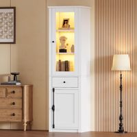 Vitrine de 55 x 40 x 200 cm de hauteur, avec un tiroir, vitrine autoportante à deux portes, vitrine en verre avec éclairage LED, blanche, avec poignées en métal et alliage d'aluminium