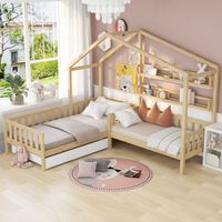 Letto per bambini 90x200 cm/140x70 cm letto da casa con cassetti e ripiani, letto da gioco in legno massello con recinzione e rete a doghe, naturale