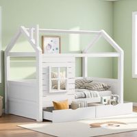 Lit cabane enfant 90 x 200,lit enfant avec barriere,lit enfant cabane avec tiroir,lit junior,lit enfant en bois massif polyvalent,fenêtre et sommier à lattes,blanc