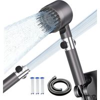 High-Pressure Anti-Limescale Shower Head, Shower Head with Water-Saving Filter, 3+1 Spray Patterns, Bathroom Shower Head with Water Stop Button, 1.5M Hose and Holder, Grey