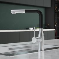 CECIPA MAX Grifo de cocina con rociador extraíble, mezclador de acero inoxidable cepillado + negro, giratorio 360°, con 2 modos de funcionamiento