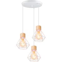 Retro Industriale Candelabro Jaula de Diamante de Hierro Lámpara Colgante 3 Luces Diseño de Madera Blanco