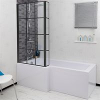 Bathroom L Shaped Bath Black Grid Shower Screen LH Front Panel White 1600mm