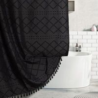 Rideau de douche extra long texturé de style bohème avec pompons en tissu chenille touffeté à rayures chevrons – Style rustique moderne et minimaliste – Décoration d'intérieur pour salle de bain – 183