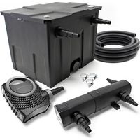 SunSun Kit complet: CBF-350 Filtre de bassin jusqu'à 12000 L Biologique, NEO10000 pompe de filtration 10000l/h 80W, CUV-224 lampe uv 24W, 10m Tuyau 38 mm, collier de serrage W1 44-47mm