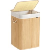 Panier à Linge 95 L, Corbeille Linge Sale, Couvercle, en Bambou, Poignées, Pliable, Sac Amovible Lavable en Machine, pour Buanderie, Chambre, Couleur Boisée