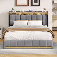 Polsterbett 160 x 200 cm mit Bettkasten, Stauraum-Kopfteil, LED und USB/Type-C, Leinen, Grau