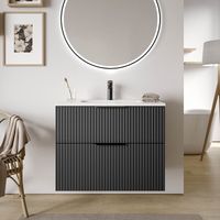 BERNSTEIN - Meuble vasque Noir mat strié de salle de bain 80x46x62cm (LxPxH) + vasque céramique, Poignées Noir mat - TIM80