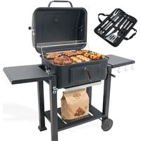Barbecue Charbon de Bois avec Couvercle Hauteur de Braise Ajustable Grille de Cuisson XL 54x43 cm 2 Tablettes Latérales Rabattables Ustensiles Offerts Récupérateur de Cendres Ravigarden