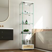 Moderne Glasvitrine mit Schubladen,Vitrine mit LED-Beleuchtung,Bücherregal aus gehärtetem Glas,Eintüriger Schrank mit vier EinlegebödenGeeignet für Wohn- und Schlafzimmer, weiß-H167/B42.5/T36.5 cm