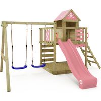 Wickey – Aire de jeu en bois avec balançoire et cabane – Toboggan Flow 220 cm – Bac à sable intégré – Résistant aux intempéries