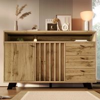 Buffet commode à 3 tiroirs et 2 portes Armoire de rangement avec compartiment ouvert et façade à lamelles de style vintage pour salon, salle à manger, couloir et entrée en chêne foncé 120L x 40P x 85H