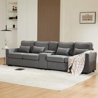 Canapé droit 4 places – Canapé droit multifonction avec méridienne, coussins amovibles et poches sur les accoudoirs – Lin gris clair