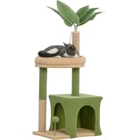 Albero Tiragraffi per Gatti con Casetta, Lettino e 2 Palline, in Legno e Poliestere, 44x30x98 cm, Verde e Marrone