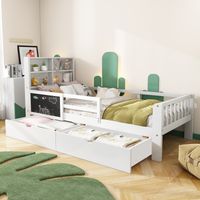 Letto per bambini 90×200cm, letto singolo, con 2 cassetti e 1 lavagna, testiera con contenitore, materasso non incluso, MDF, bianco