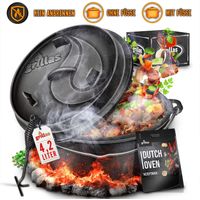 grillas® Dutch Oven Set 4,2 Liter / Topf ohne Füße Deckelheber BBQ Gusseisen Feuertopf Gusstopf Schmortopf