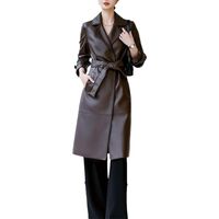 Trench-coat en cuir véritable pour femme - À lacets - Printemps et automne - En peau de mouton - Veste longue