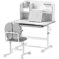 Bureau et chaise réglables enfant avec plateau inclinable, tiroir, étagère, gris