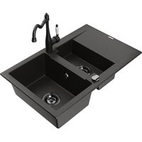Mexen Gaspar Granitspüle 1,5 Becken mit Abtropffläche und Küchenarmatur Carla schwarz/gold metallic - 6507-75-670700-70-B