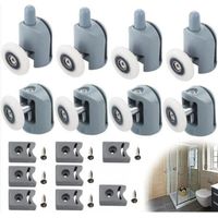 8 roulettes pour porte de cabine de douche coulissante – 4 roulettes supérieures + 4 roulettes inférieures – diamètre 25 mm – matière nylon gris résistant – compatible avec systèmes de portes de douch