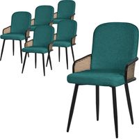 ML-Design Lot de 6 Chaises de Salle à Manger en Tissu Bleu Pétrole, Accoudoirs en Rotin et Pieds en Métal Noir, Assise Rembourrée Confortable, Fauteuils Ergonomiques de Cuisine Salon, Style Scandinave