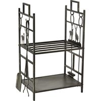 Portalegna in Ferro Battuto con Attrezzi per Camino, Manici e Base Rialzata, 51.5x33x77cm, Nero