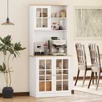 Buffet de cuisine, meuble de rangement haut avec plan de travail, 3 portes vitrées, 2 niches et étagères réglables, 80 x 37 x 183 cm, chêne blanc