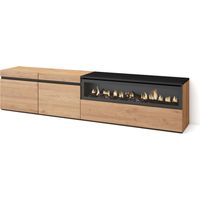 Skraut Home - Mueble TV, Televisión, Muebles de salón, almacenaje, 200x45x35cm, Para TV hasta 80", Chimenea eléctrica, Estilo Moderno, Roble y negro