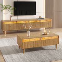 Ensemble de meuble TV et table basse avec éclairage LED, meuble TV 4 tiroirs et table basse 2 tiroirs, design bois doré, en MDF, naturel