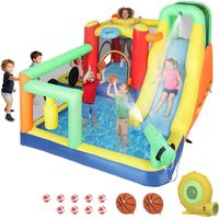 Castillo Hinchable Acuático con Soplador 550W 9 en 1 con Tobogán Trampolín Escalada 2 Piscinas Canasta Columna de Boxeo