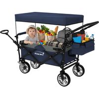 Hauki Carrello Pieghevole da Spiaggia per Bambini, Carretto a Mano per Trasporto Bimbi con Tettuccio e Borsa, Carrello Portatutto con Parasole Blu-Grigio e Freno Ruote Anteriori, Carico 120 kg