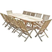 C&L Jardin – Ensemble table et chaises de jardin en teck massif – 1 table 180/280 x 90 x 75 cm avec rallonge – 10 chaises et 2 fauteuils pliants