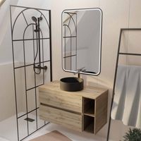 Mobile da bagno 100 cm TIMBER Effetto Rovere 2 Cassetti Lavabo Nero Specchio LED 60x80
