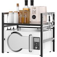 Extendable microwave oven support, vertical storage rack for microwave oven with 6 hooks.