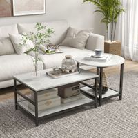 Ensemble table basse, 2 tables d'appoint, aspect marbre, pieds réglables, acier, noir et blanc