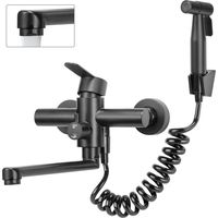Robinet Mural Cuisine, Mitigeur Cuisine Mural avec Pistolet, Pivotant à 360° Robinet Mélangeur, Tube Rotatif 23cm, Noir