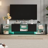 Mueble TV flotante brillante 200 cm con LED, bajo TV suspendido con 2 cajones y estantes de cristal templado, para TV 60-75 pulgadas, negro