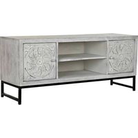 Meuble TV mandala blanc en bois de mango et métal - Blanc antique avec motifs mandala