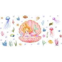 Stickers Muraux Sous la Mer Sirène Autocollant Mural Océan Poisson Tortue Décoration Murale Chambre Enfants Bébé Fille Salle de Bain