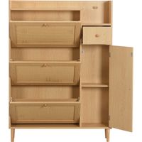 Armoire à chaussures colonne aspect bois naturel avec façade en rotin dimensions 90×17×125cm 3 abattants + 1 tiroir + 1 porte pour entrée domestique
